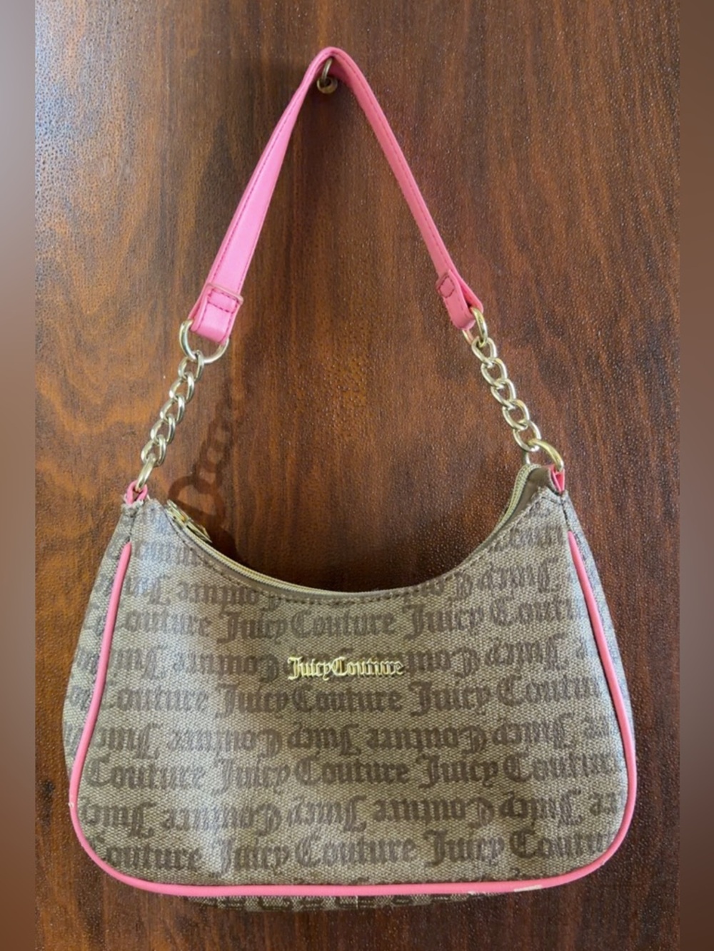Juicy Couture Brown Monogram Shoulder Bag with Pink Trim